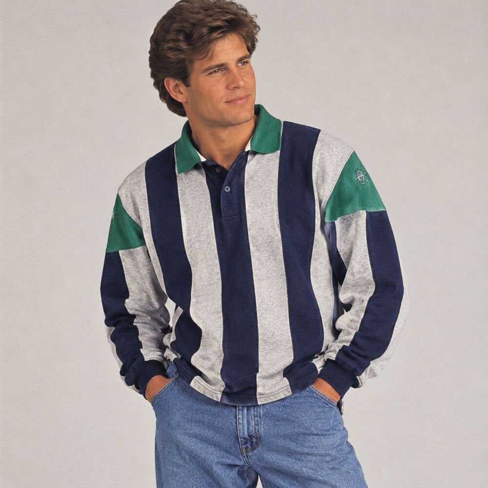 VTG 90s Cherokee Long Sleeve Polo Sweatshirt, L Vertical Stripes Navy Gray Green